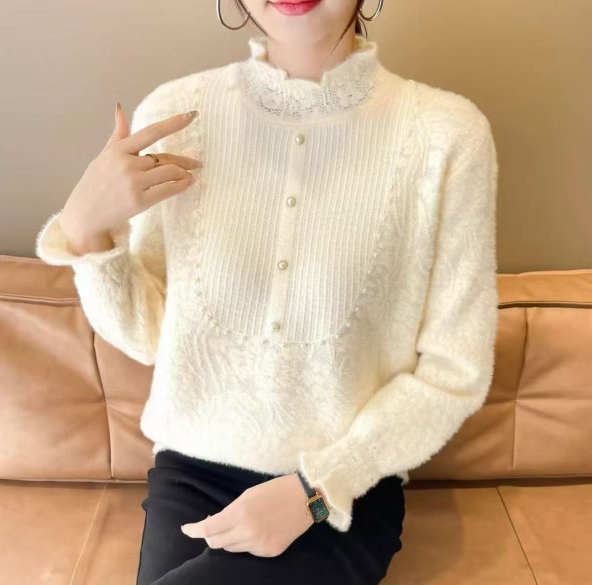 半高领加厚提花厚款不缩水针织衫钉珠秋冬季毛衣上衣女减龄打底衫