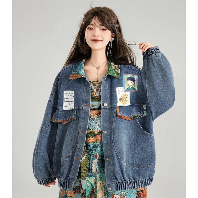 重工复古提花蝴蝶结牛仔外套女法式春秋新款文艺宽松百搭夹克上衣