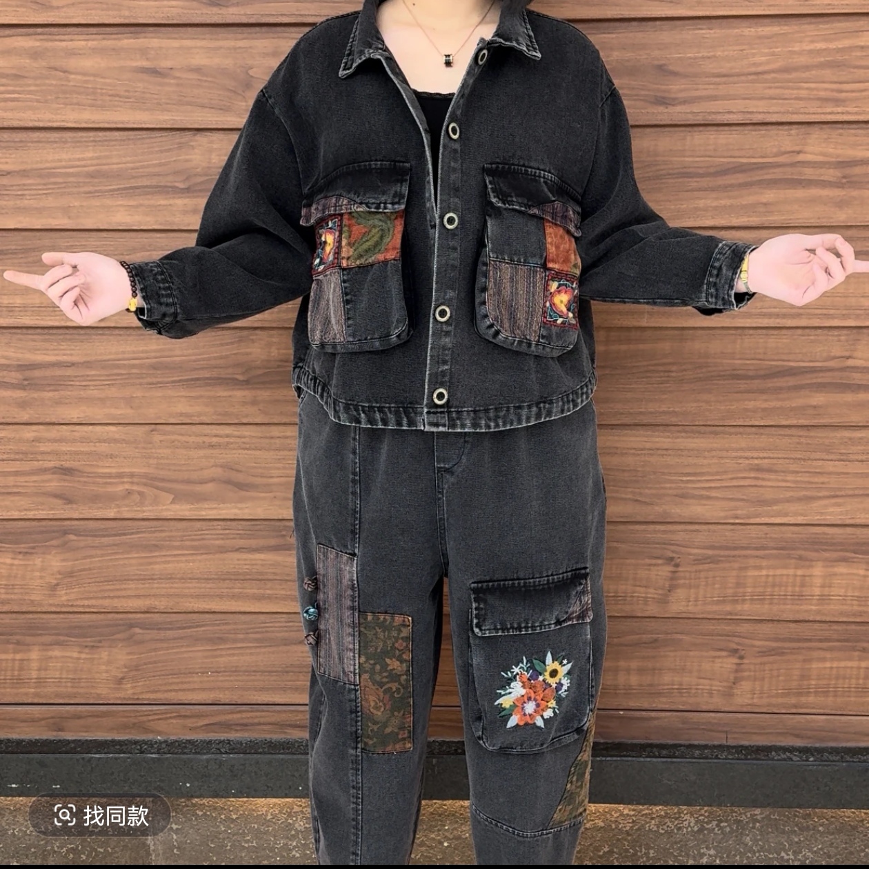 新款上衣＋裤子砂洗复古绣花宽松休闲时尚减龄中年妈妈装牛仔套装