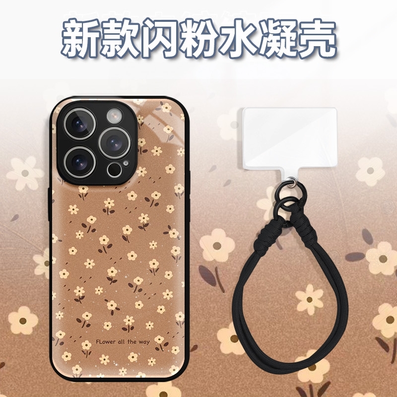 棕底满屏小花朵水凝玻璃壳适用iPhone苹果16手机壳华为oppo小米vi