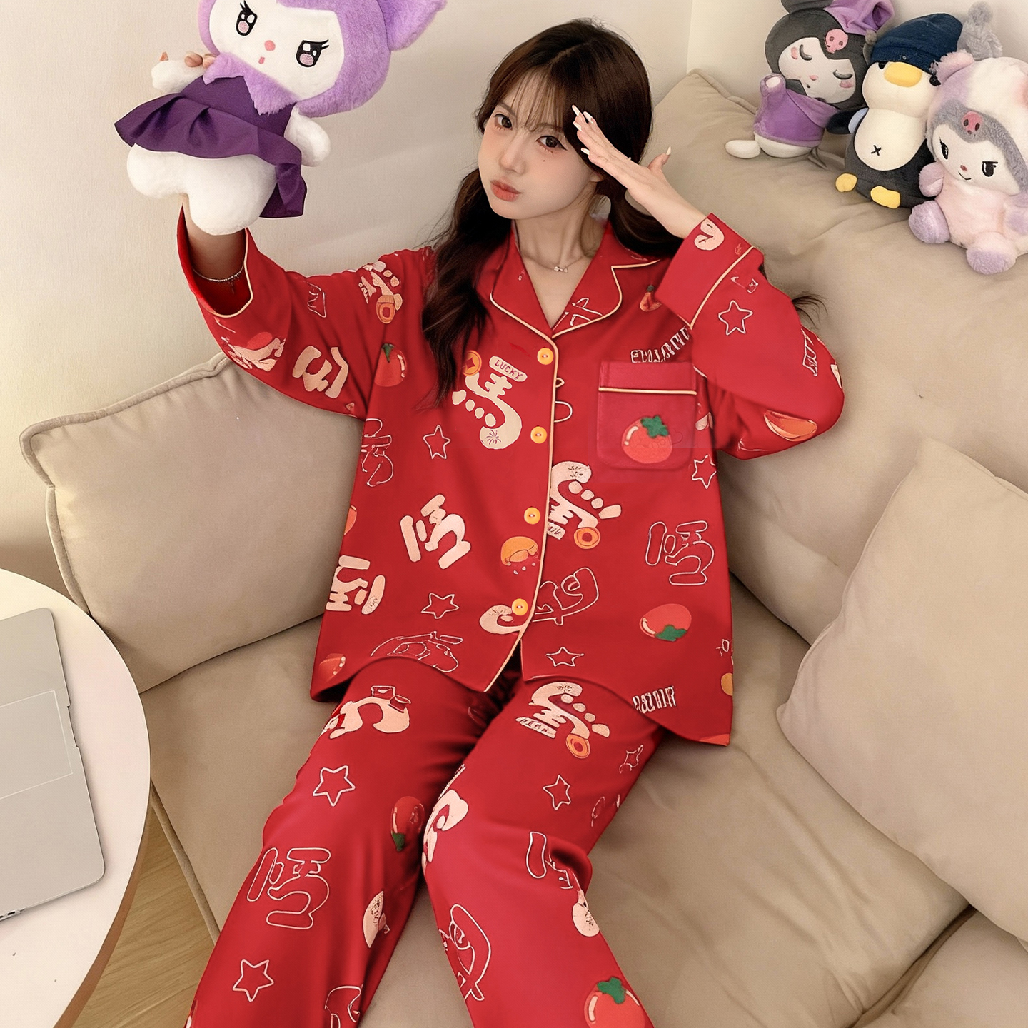 bejirog/北极绒大码休闲可外穿纯棉长袖少女新年款翻领睡衣两件套