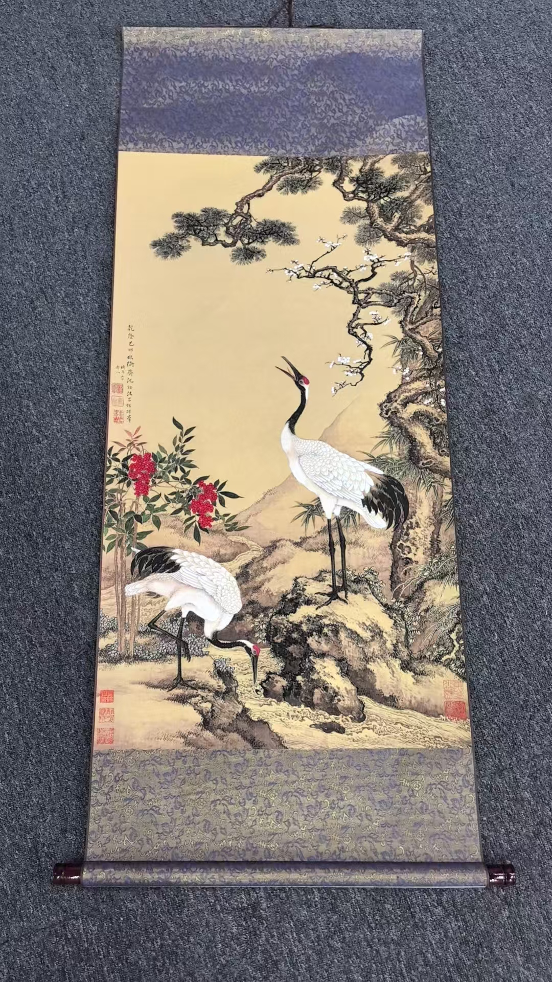 三尺《双鹤》尺寸1.46米X0.62米竖幅卷轴装裱简约装饰喷绘画