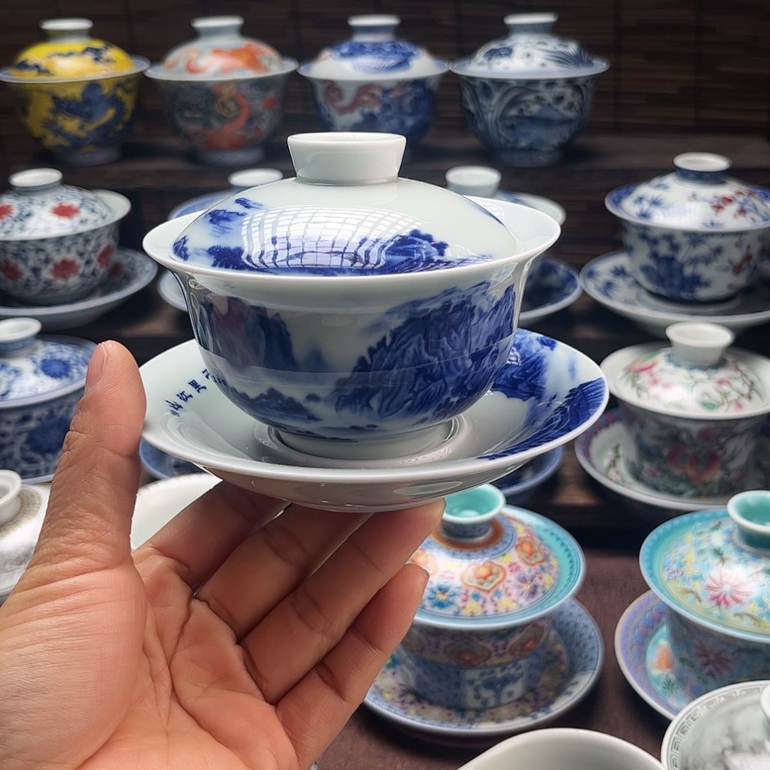 摆件陶景德镇陶瓷三才盖碗