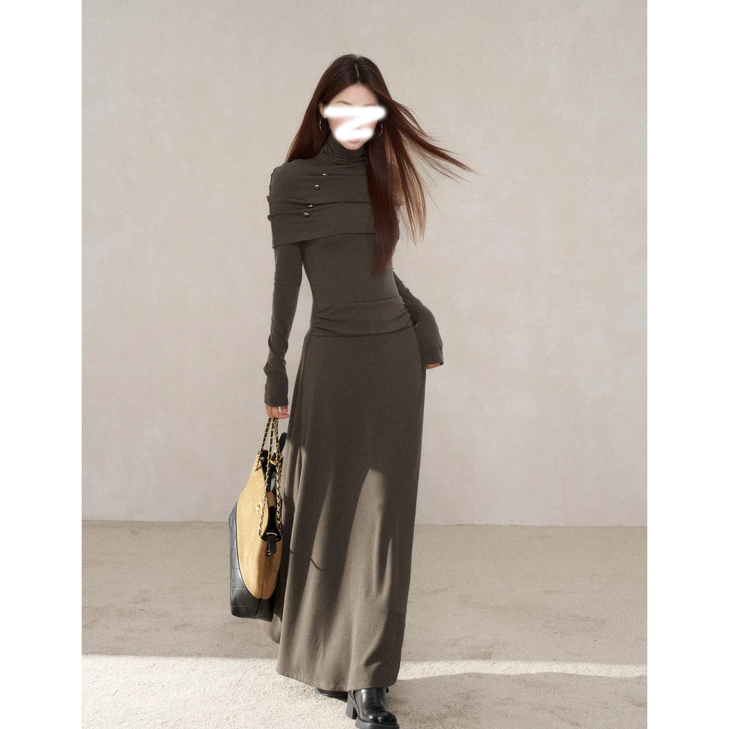 【小野莓】法式收腰长袖连衣裙女冬高级感小众垂坠感长裙子带披肩