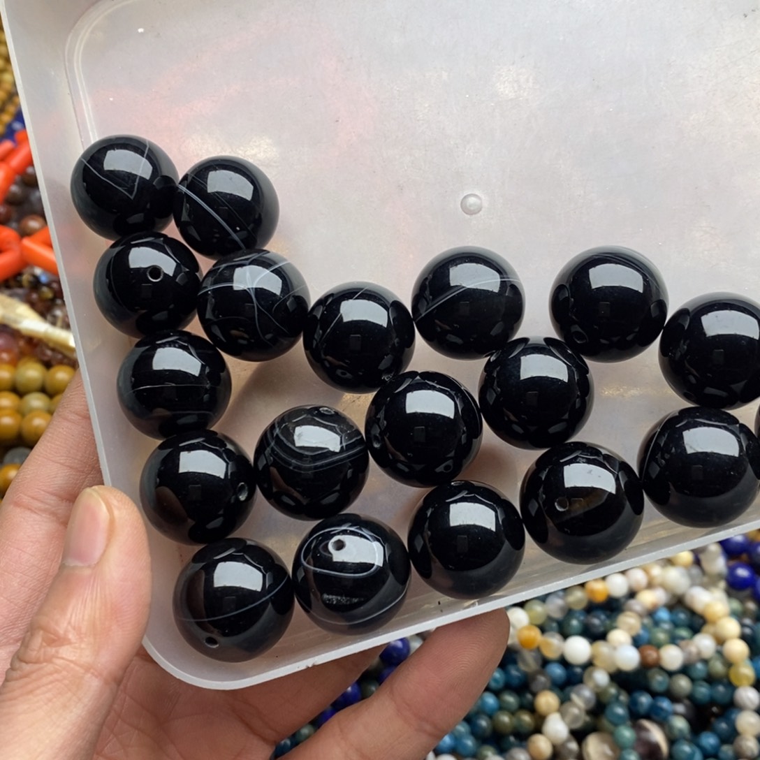 玛瑙/玉髓未镶嵌珠宝半成品随机三个纯天然蚕丝黑玛瑙圆珠20mm