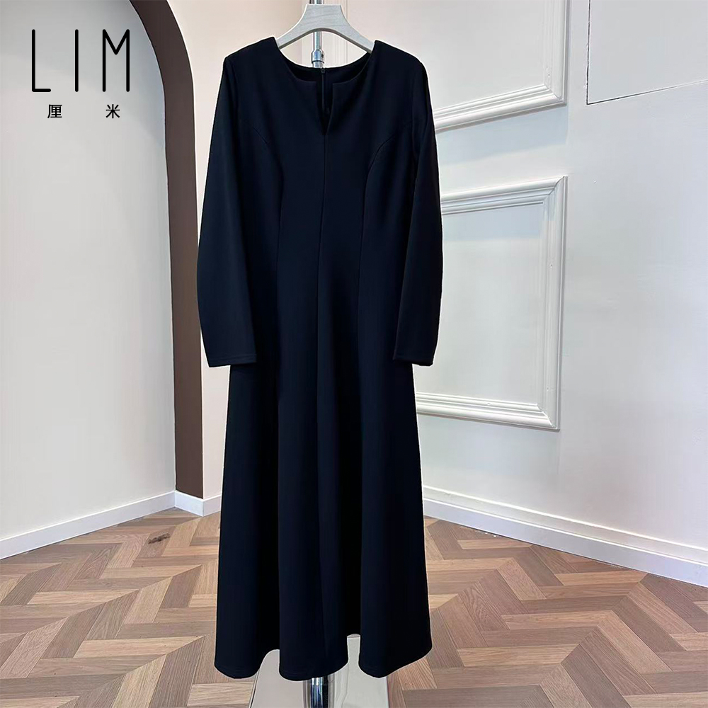 针织醋酸亚光秋冬季高端长款黑色醋酸长袖连衣裙