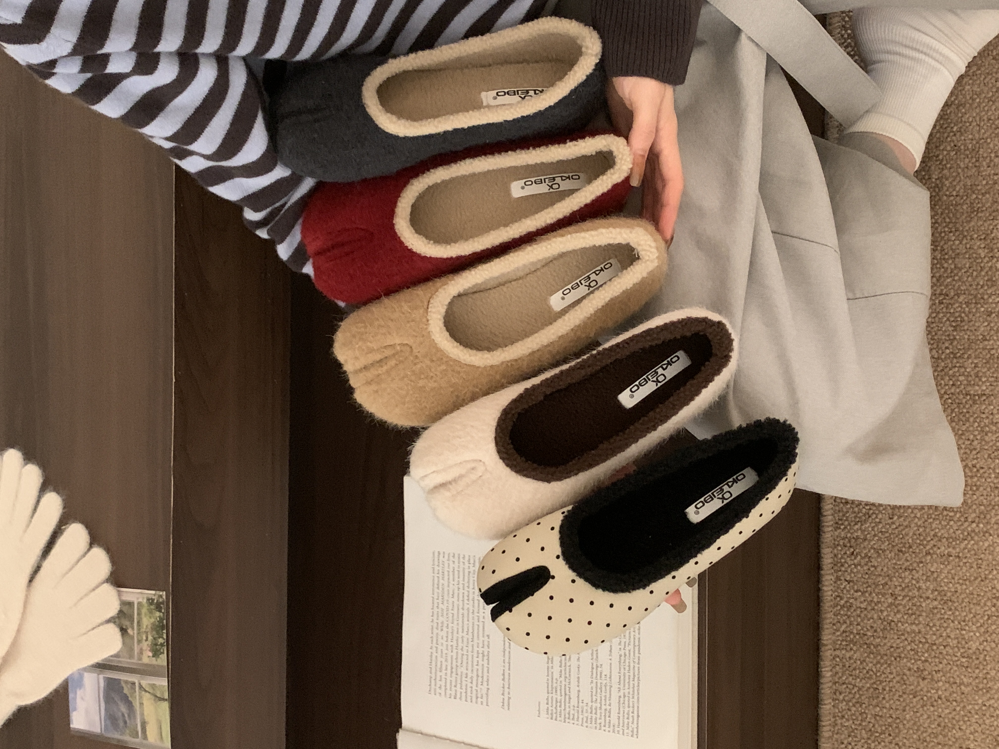 DENGDAHA韩系慵懒风加绒保暖毛呢分趾猪蹄鞋软底舒适单鞋女B1029