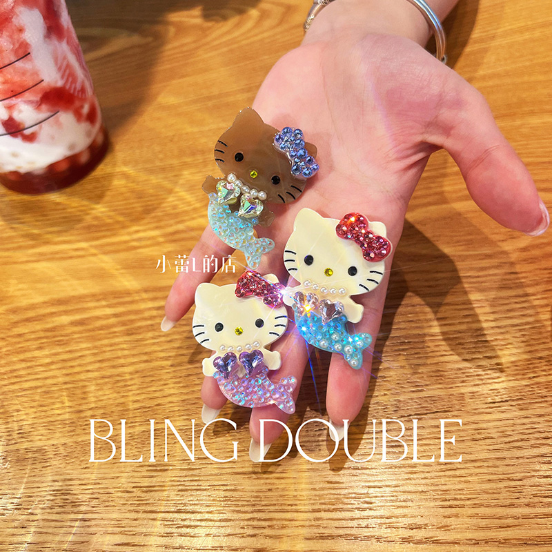 醋酸人鱼kitty水钻发夹鸭嘴夹可爱发夹kitty发夹头饰手工发饰ins