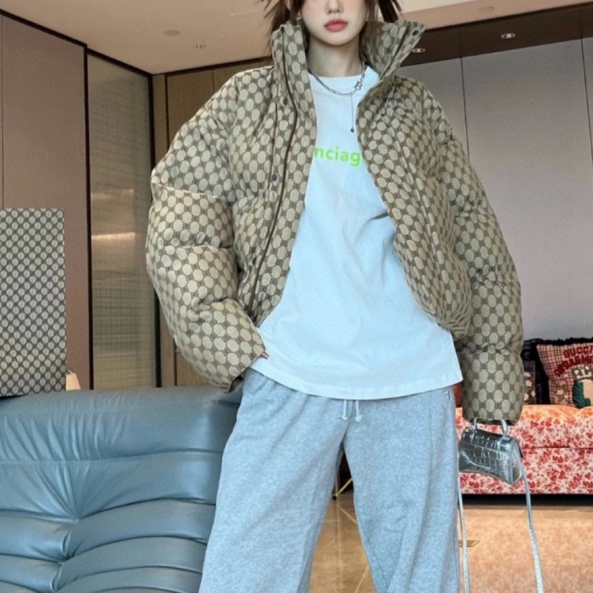 未使用 Balenciaga/巴黎世家 古驰联名满印棉服 34码 ys000784