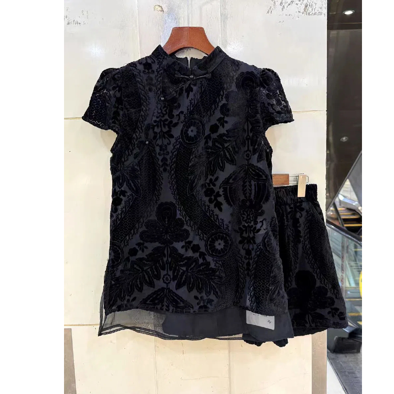 植绒烧花盘扣立领旗袍上衣+松紧腰短裤丝绒两件套夏