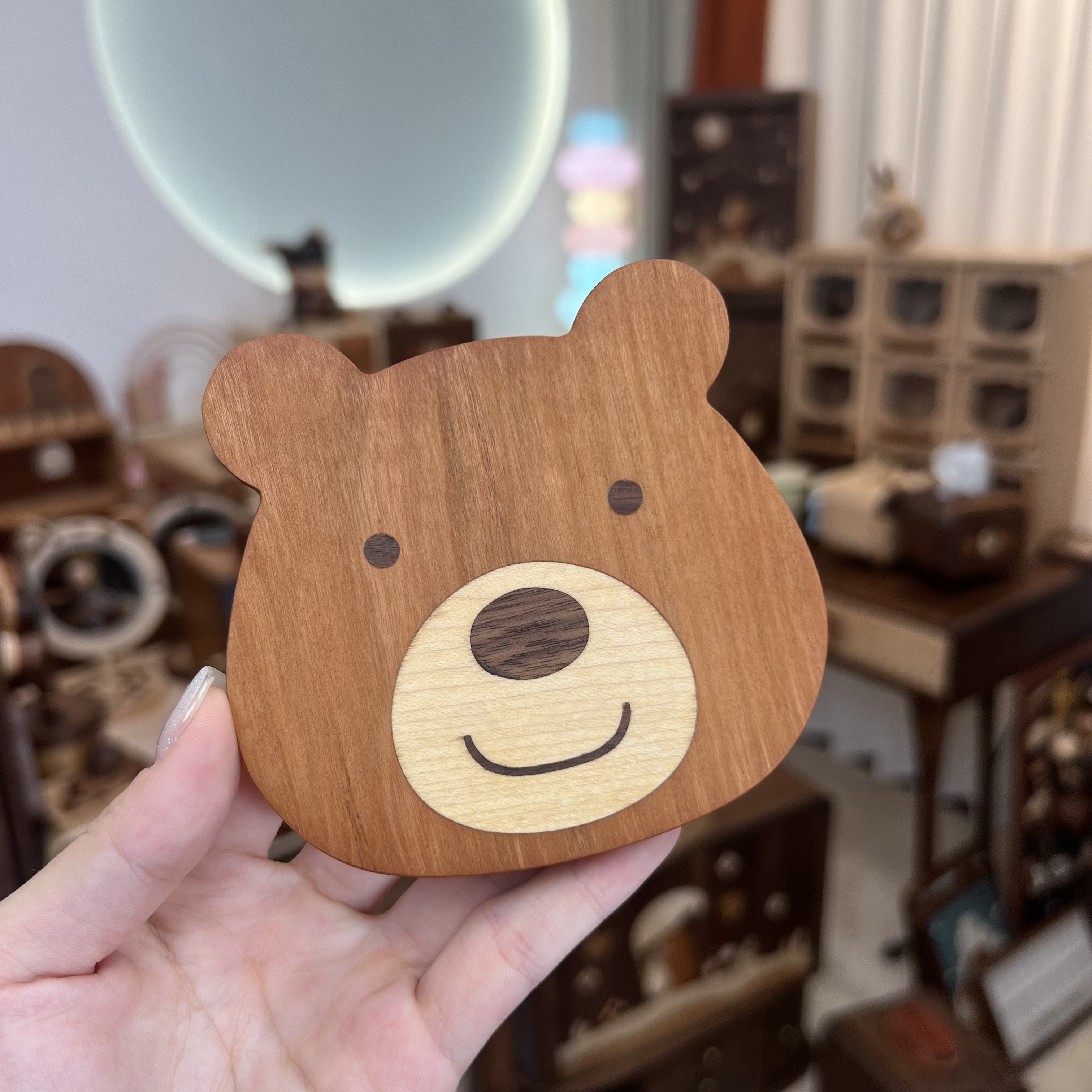 家居饰品摆件创意原木小熊脸杯垫实木可爱居家礼物