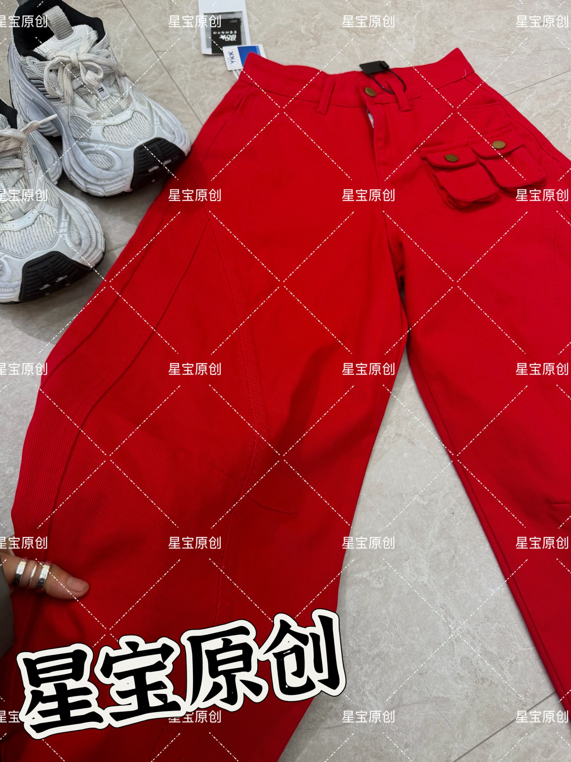 【星宝专属】中国红街头时尚设计感百搭镰刀裤9123