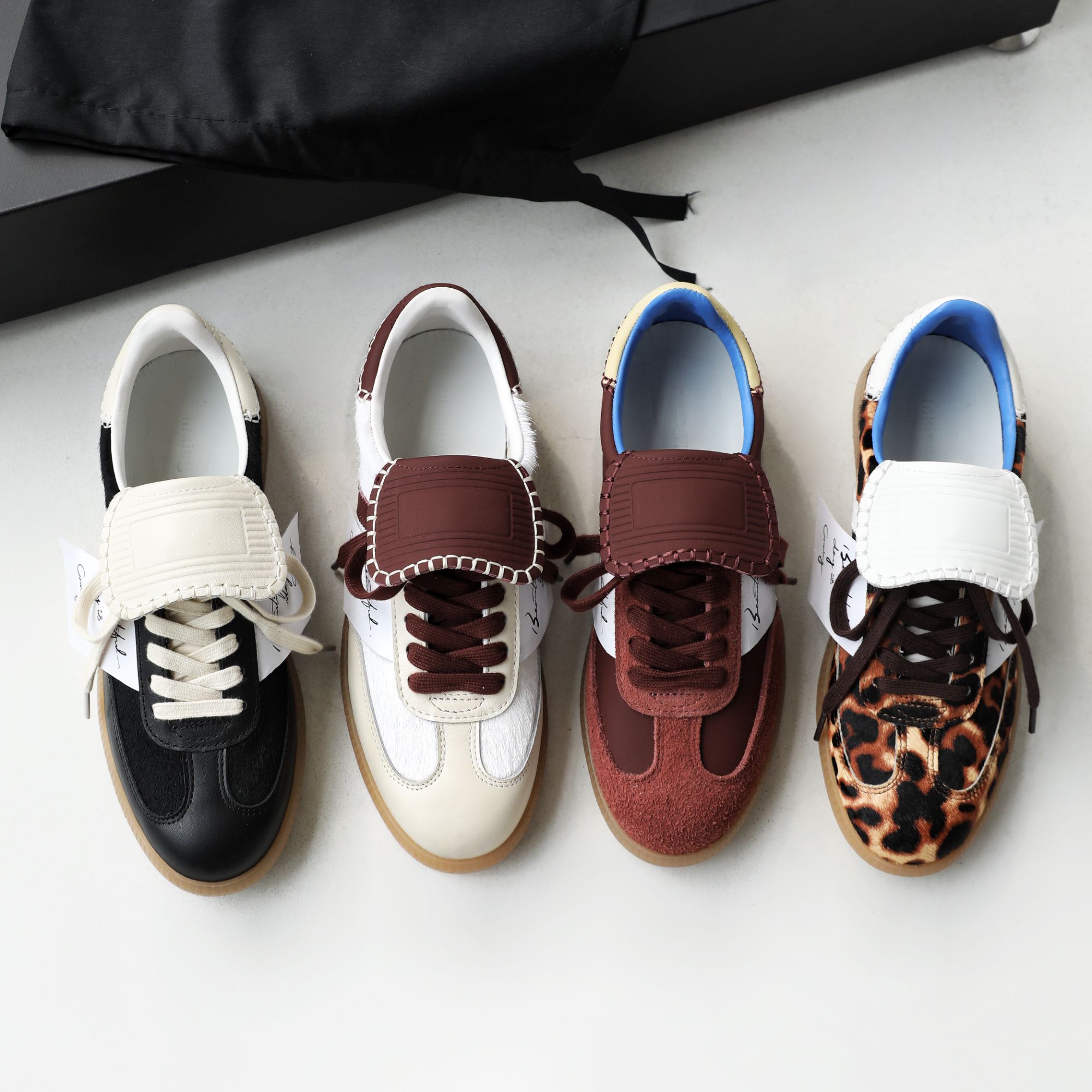 新款豹纹拼色平底德训鞋女复古牛皮翻盖板鞋防滑鞋