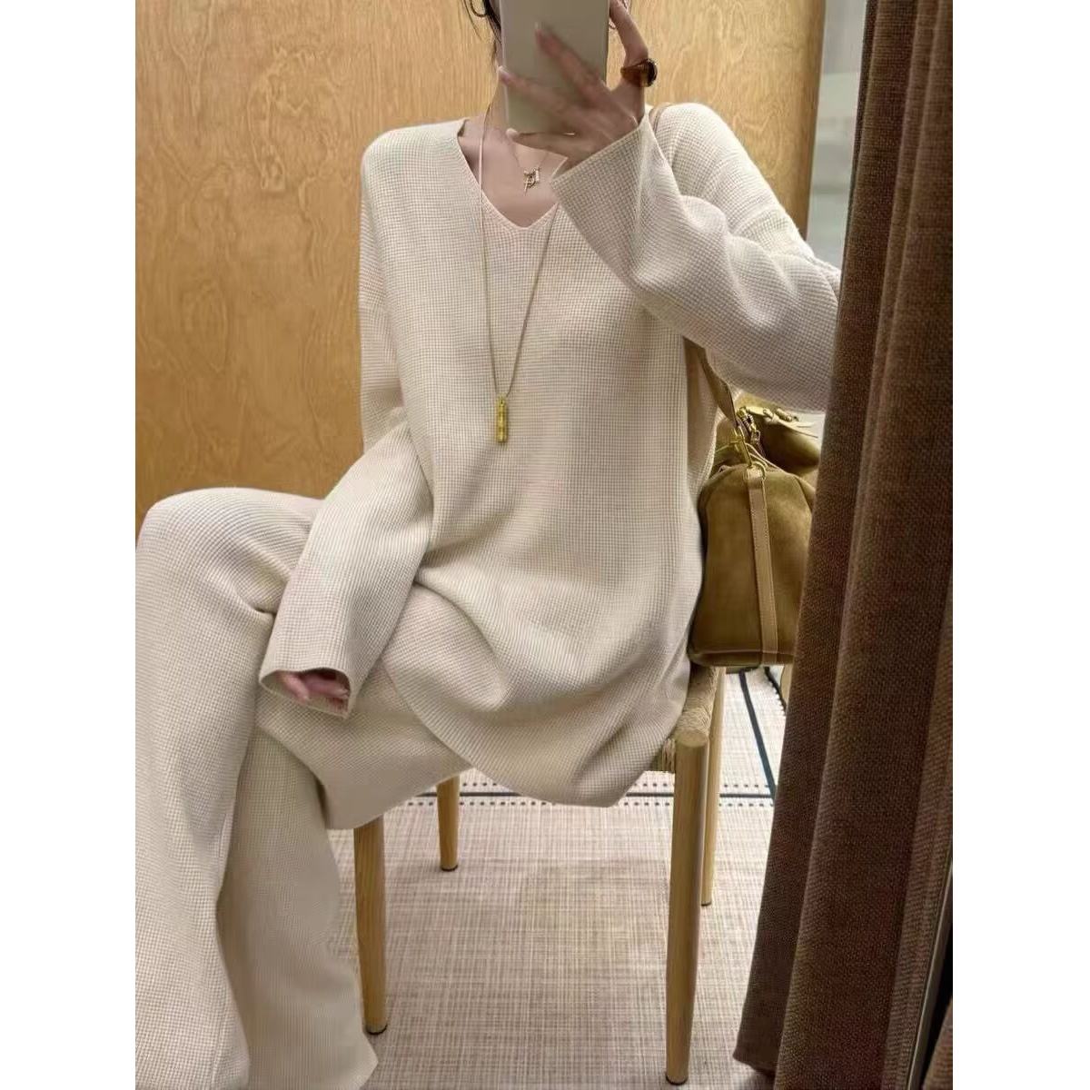 松弛慵懒风V领针织上衣套装女2025冬季新款显瘦阔腿裤两件套