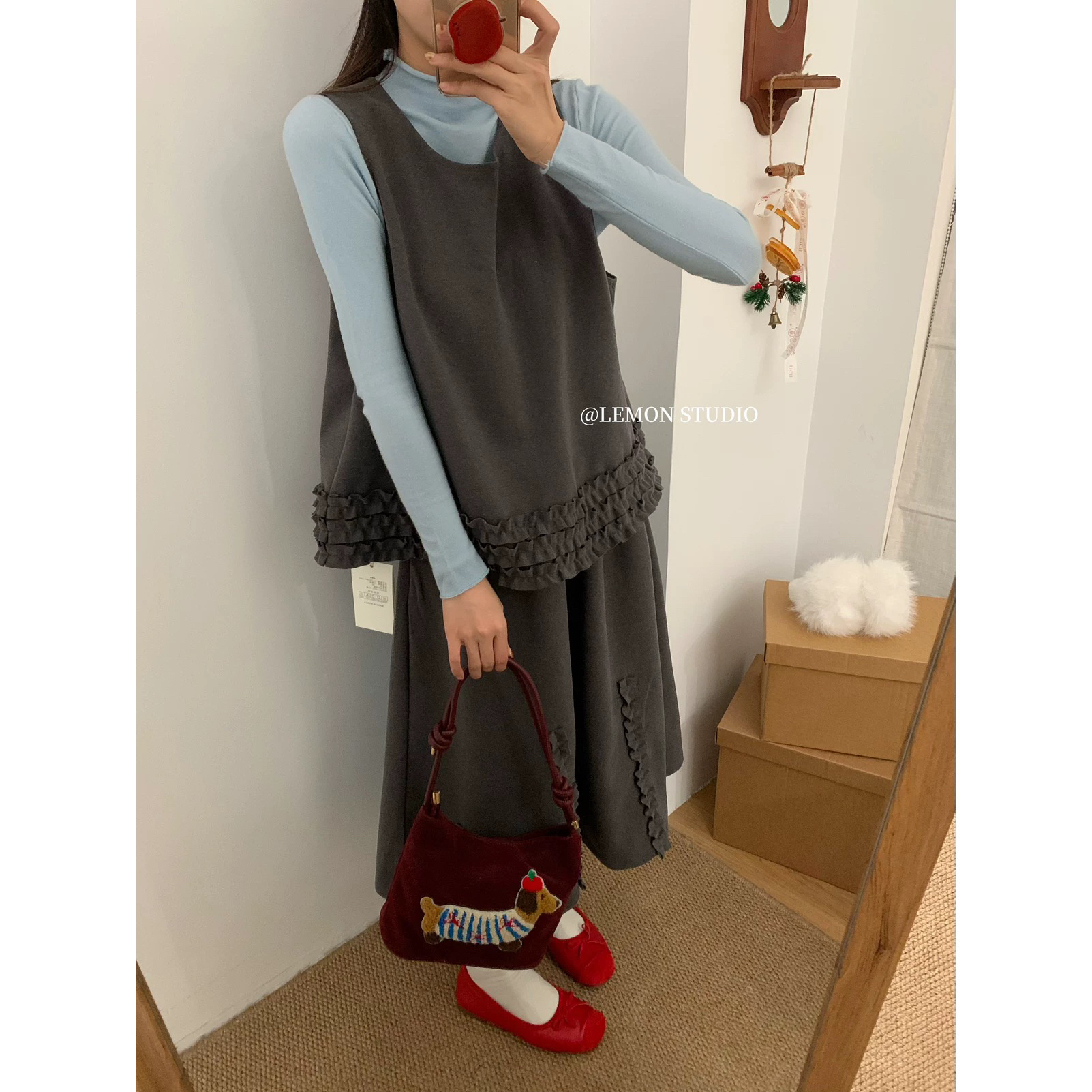 （古朵套装）小众木耳边下摆毛呢背心+松紧腰长款半身裙套装女7037