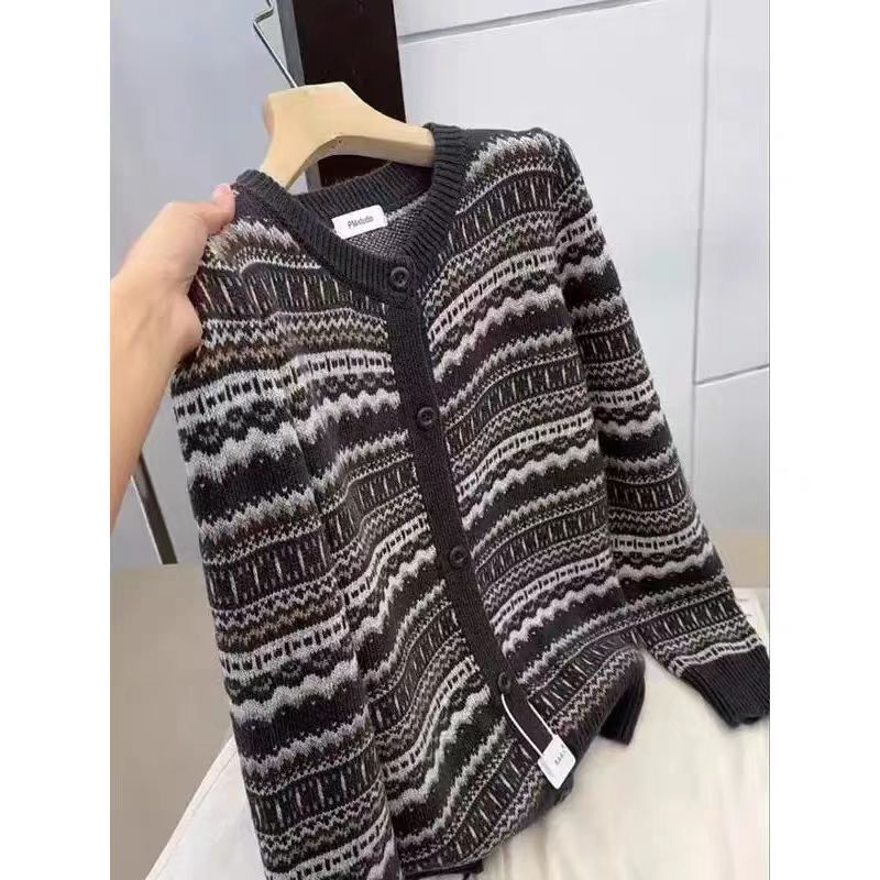【栗子灰-民族风】轻奢时尚减龄百搭提花显瘦针织开衫1021