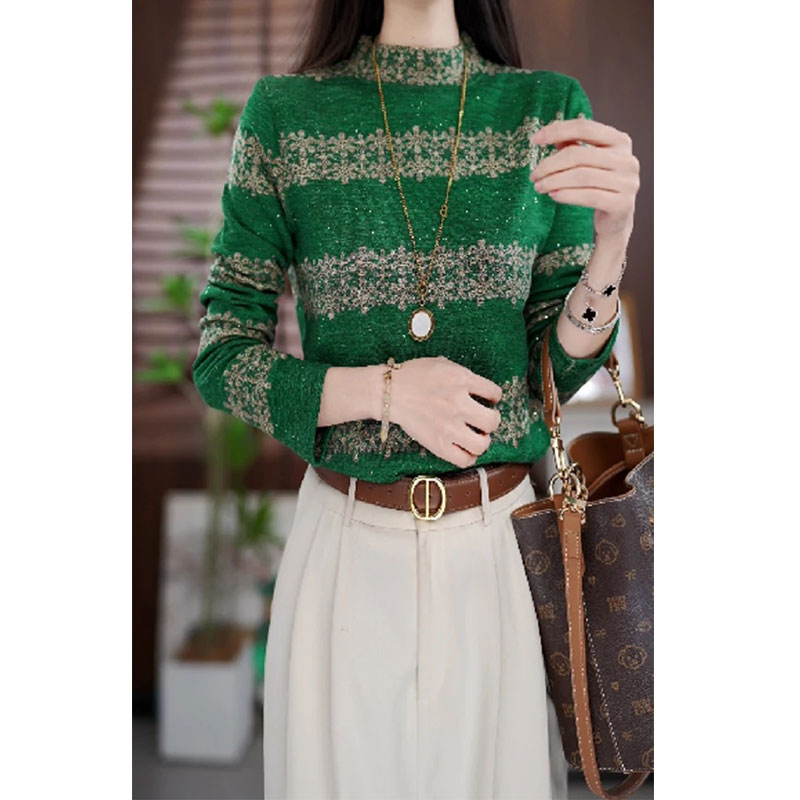 秋冬加厚新款印花双面绒半高领长袖T恤减龄显瘦洋气打底衫