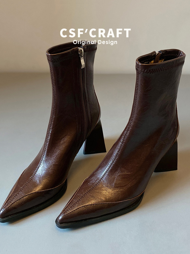牛皮版~法式复古尖头瘦瘦靴2025秋冬粗跟短靴女