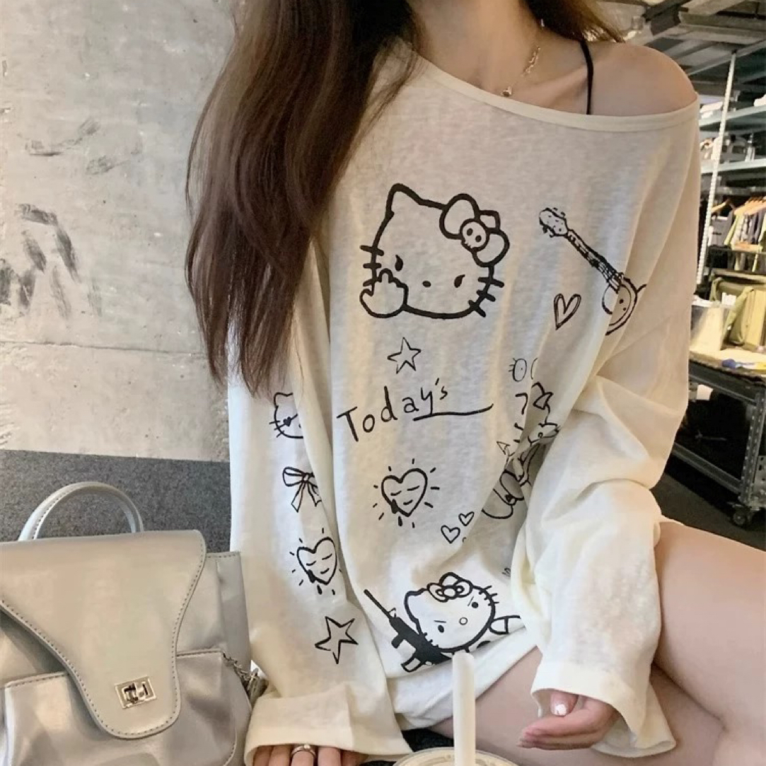 韩系kitty猫印花百搭长袖T恤夏季慵懒风宽松防晒罩衫辣妹上衣