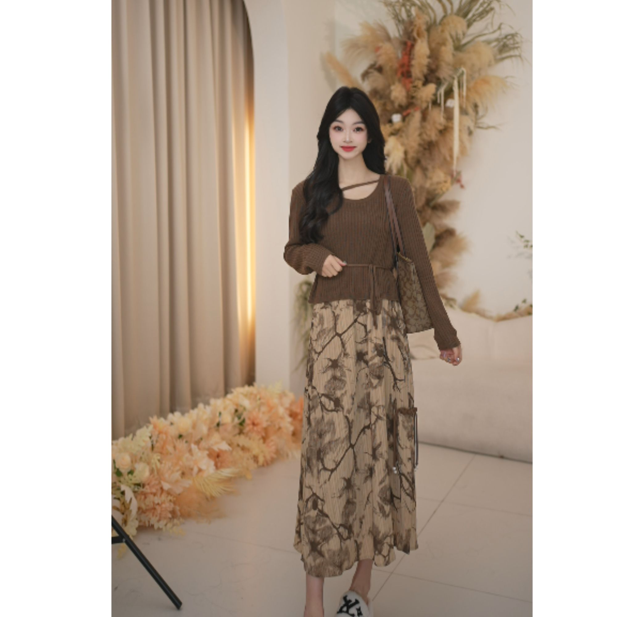 Basic House/百家好显瘦气质长袖针织时尚百搭复古不规则套装