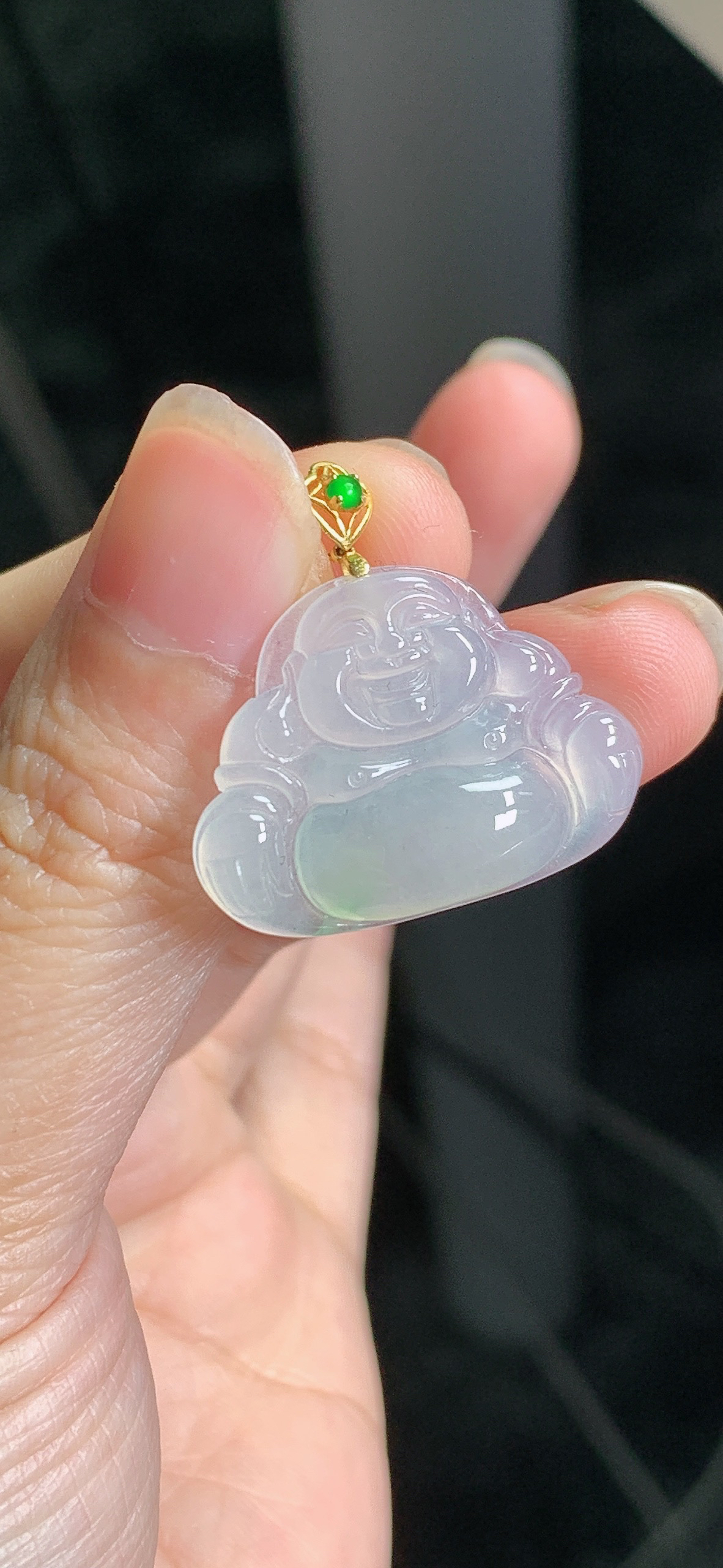 天然缅甸翡翠A货冰种飘绿佛公吊坠，尺寸24.1*19.2*25.7*4.4