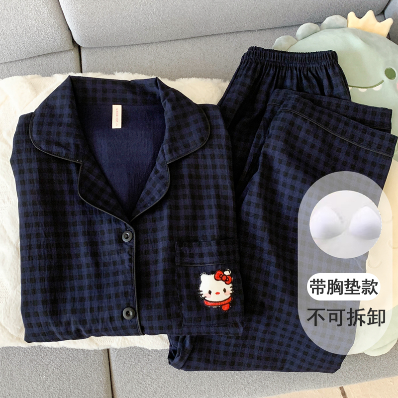 日系格纹藏青KT猫睡衣女春秋季带胸垫长袖长裤外穿学生可爱家居服