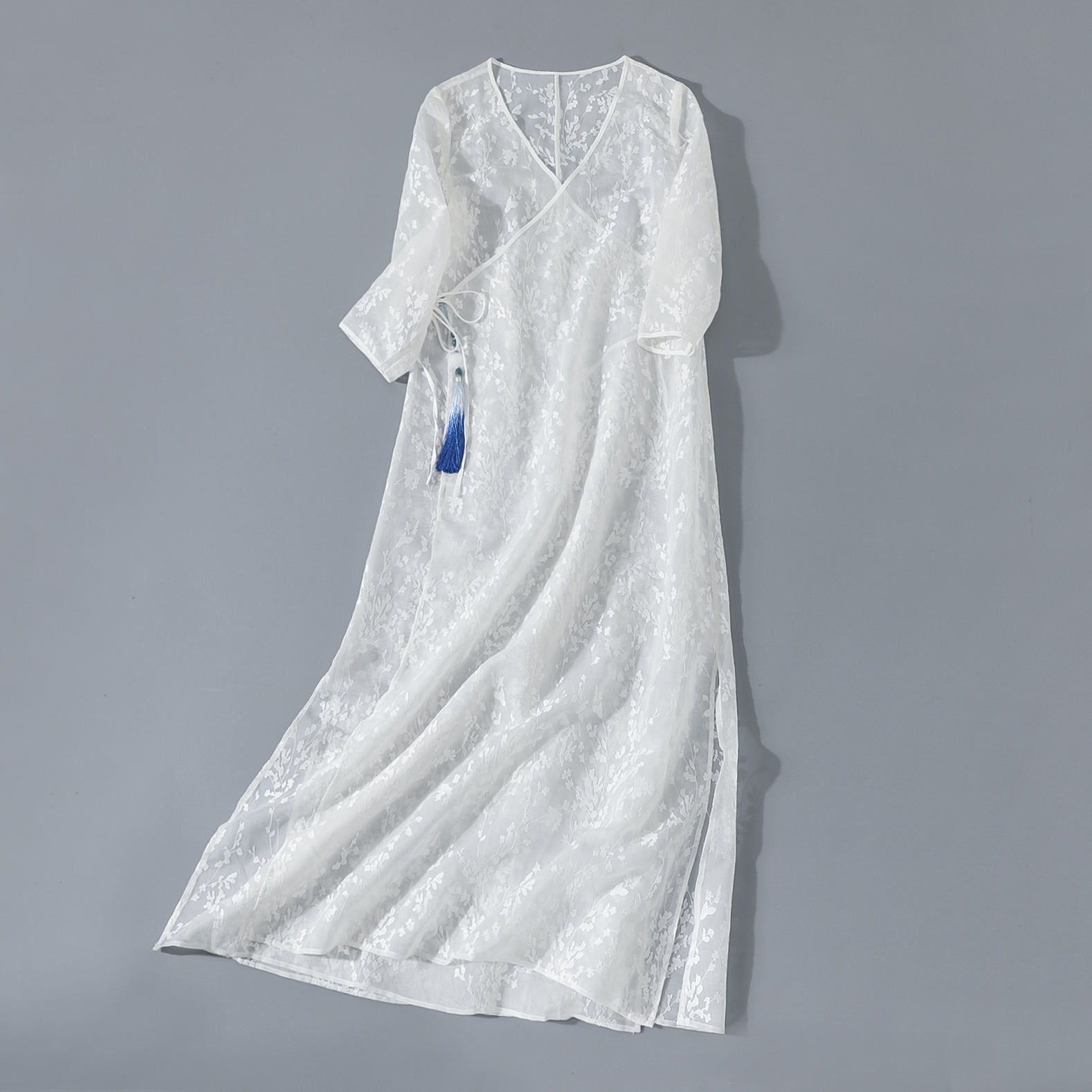 翰墨云汐新款文艺复古丝麻提花裙汉服交领日常款连衣裙女改良