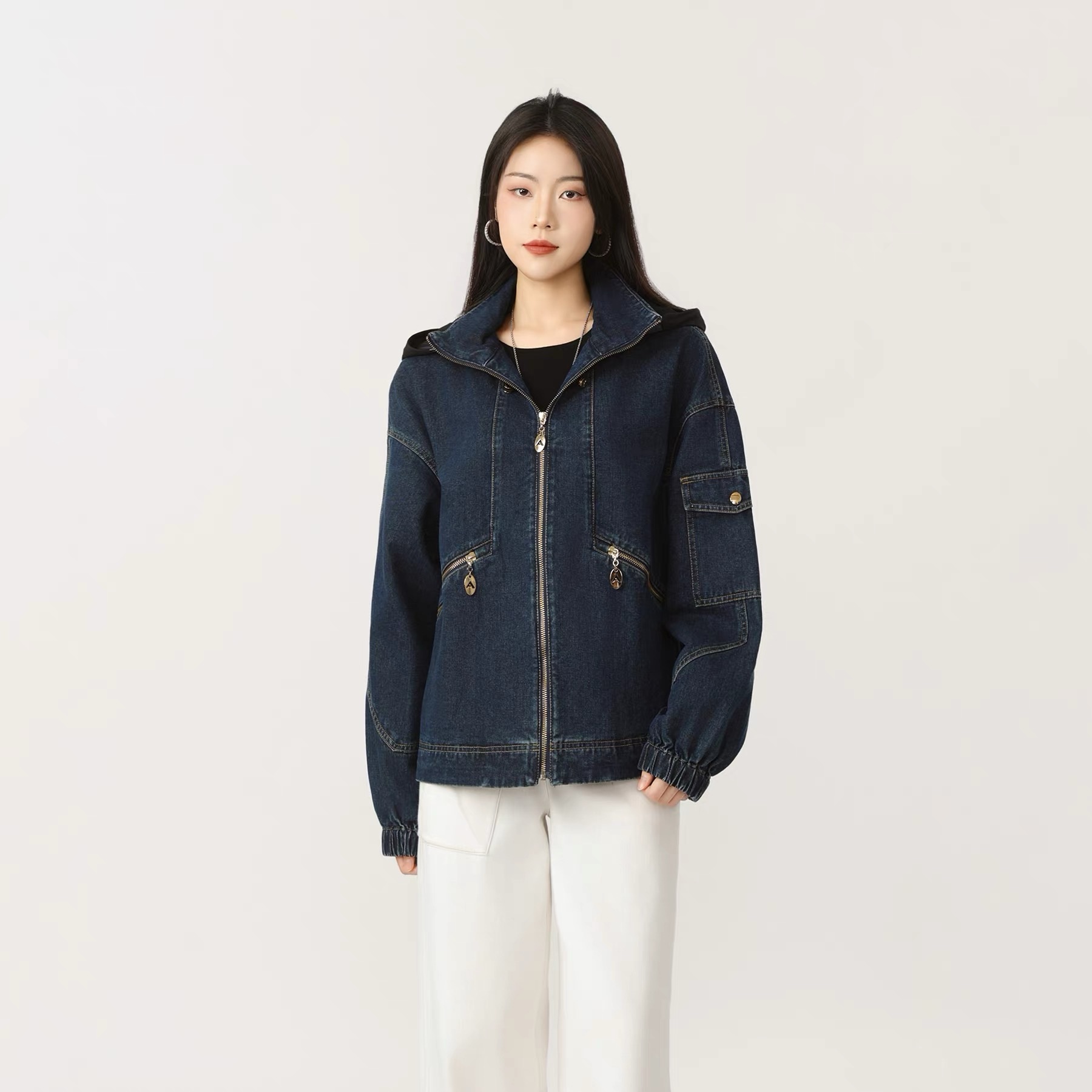 AMASS/阿玛施秋季格纹拉链落肩袖收口袖短外套休闲牛仔连帽540030