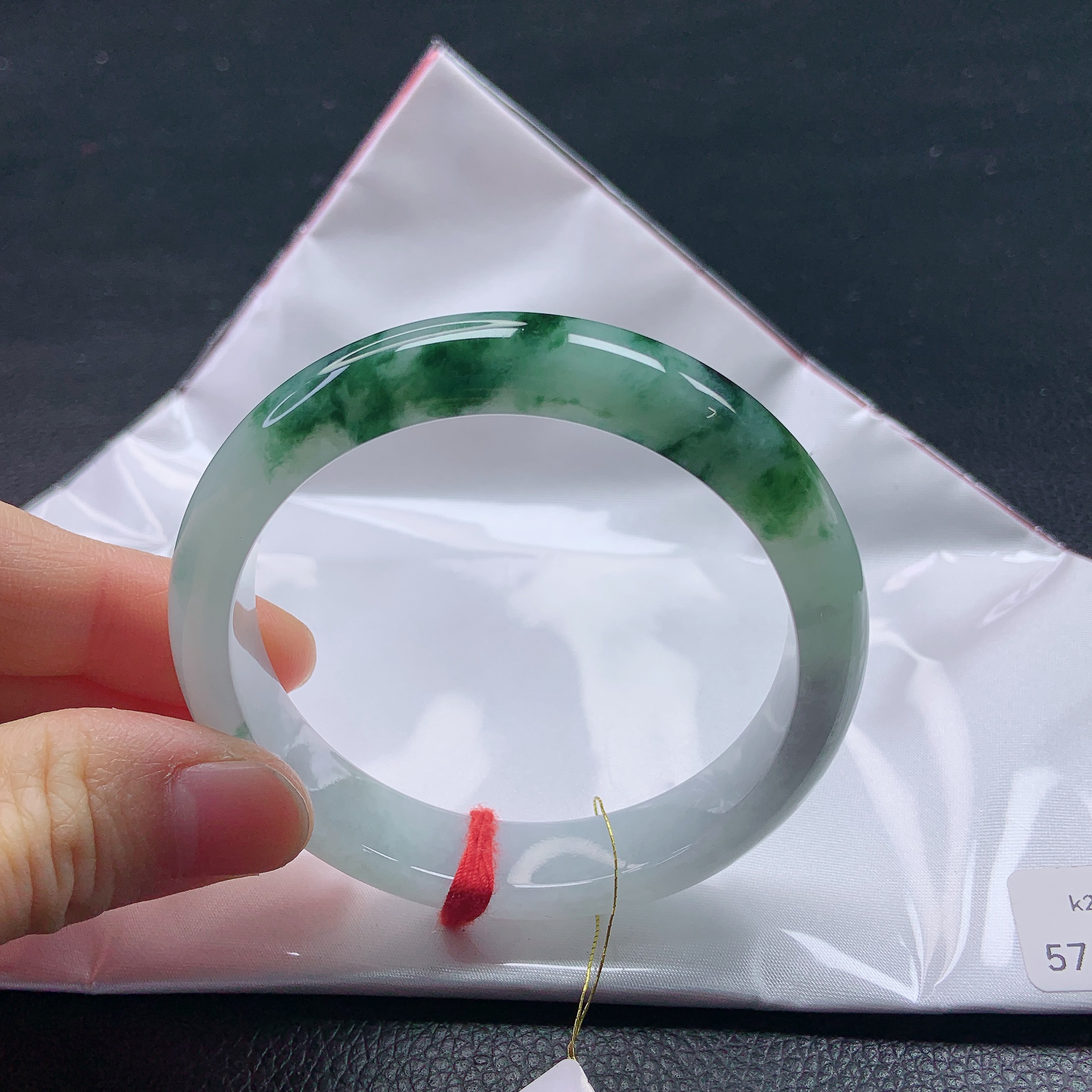 57➕圈冰种胶润飘花半山水翡翠宽边手镯缅甸天然a货