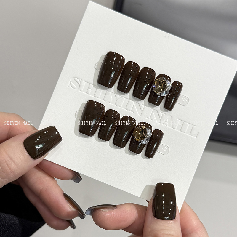 CPY-123 巧克力堆钻纯色显白氛围感美甲深咖高级感轻奢可拆卸甲片