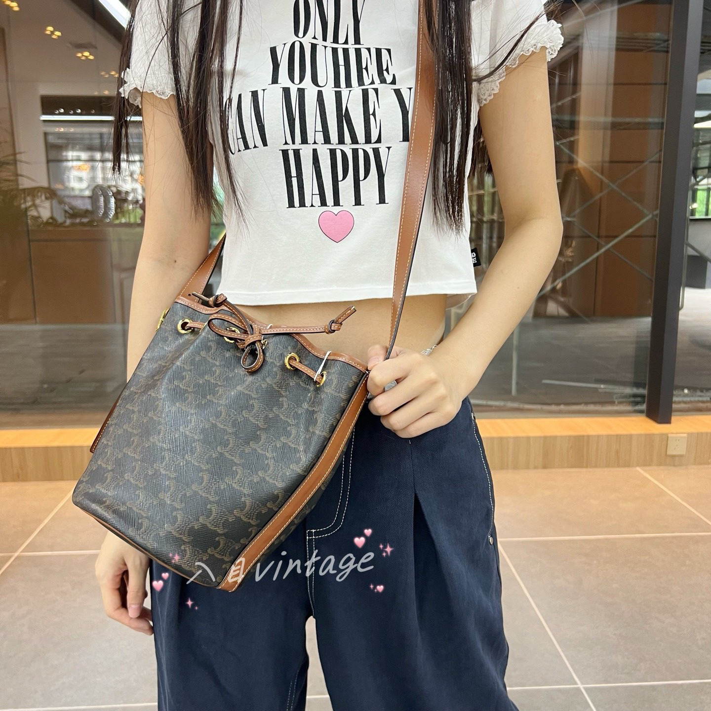 95新 Celine/思琳 入目 小号老花抽绳水桶单肩包 29354