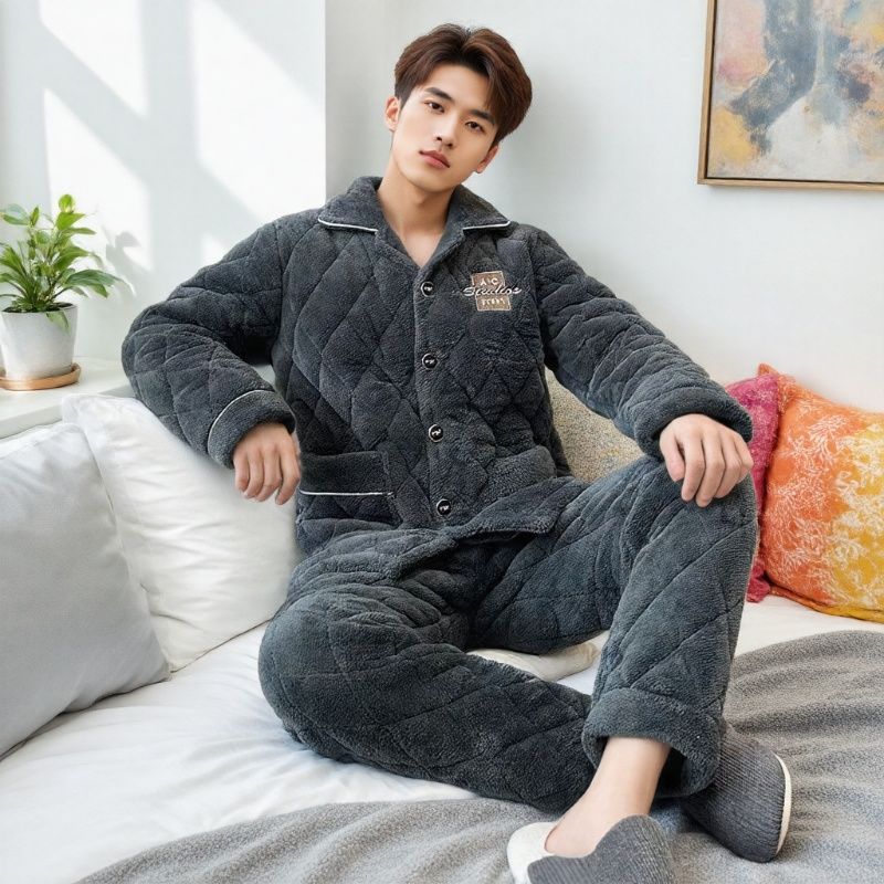 两件套家居服套装加绒加厚睡衣冬天冬季保暖男士套装1