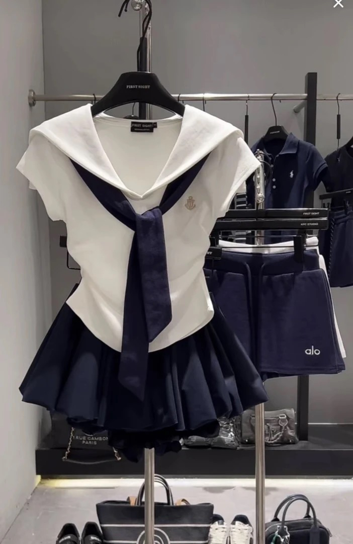 【撞色海军领披肩拼接假两件T恤】2025夏收腰显瘦百搭上衣女