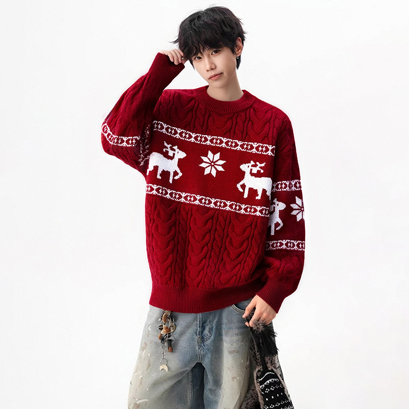 2025冬季新款酒红色费尔岛圆领毛衣男士宽松潮流本命年针织衫外套