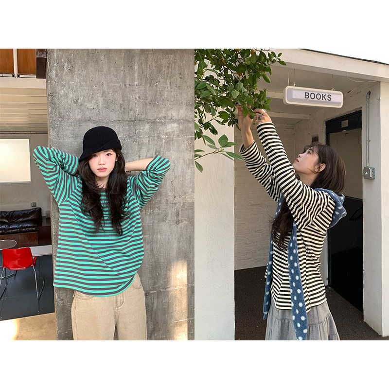 xxdeli香香的梨 韩版小众拼色设计慵懒显瘦条纹圆领长袖T恤XL1979