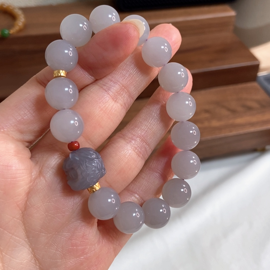 和田玉手链银S925镶嵌12mm冰紫精品