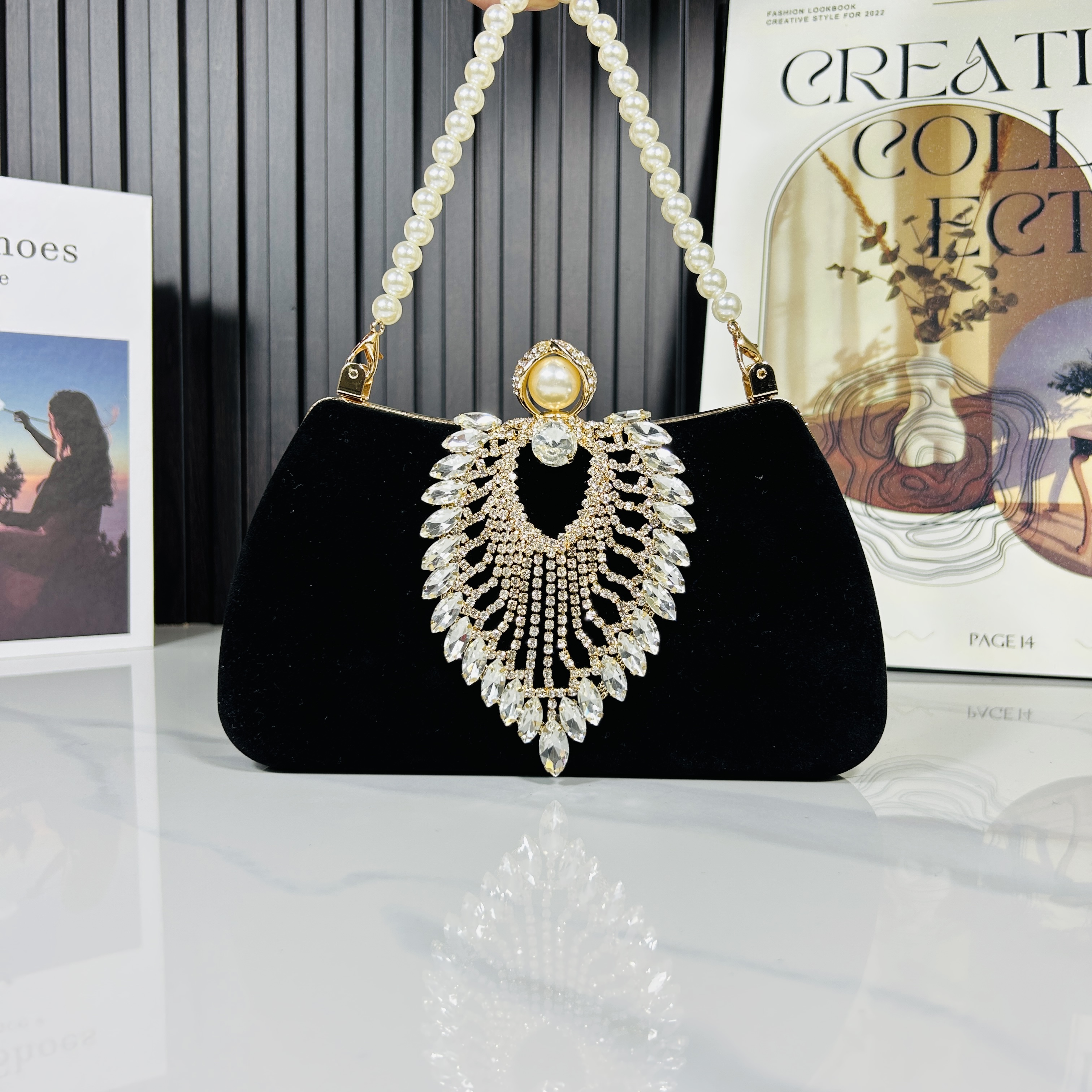 【V钻丝绒】黑色宴会优雅晚宴包单肩复古手拿包气质手包时尚满钻