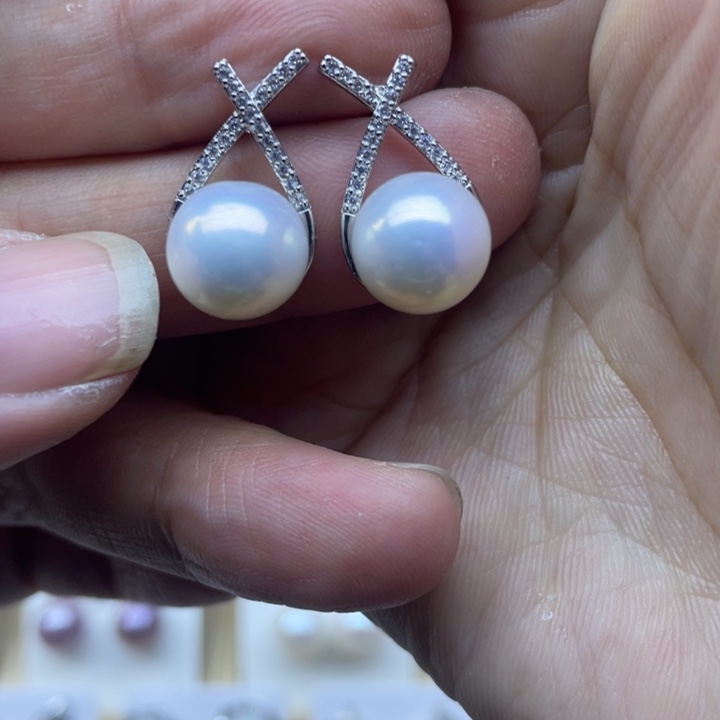 耳饰银S925镶嵌淡水珍珠