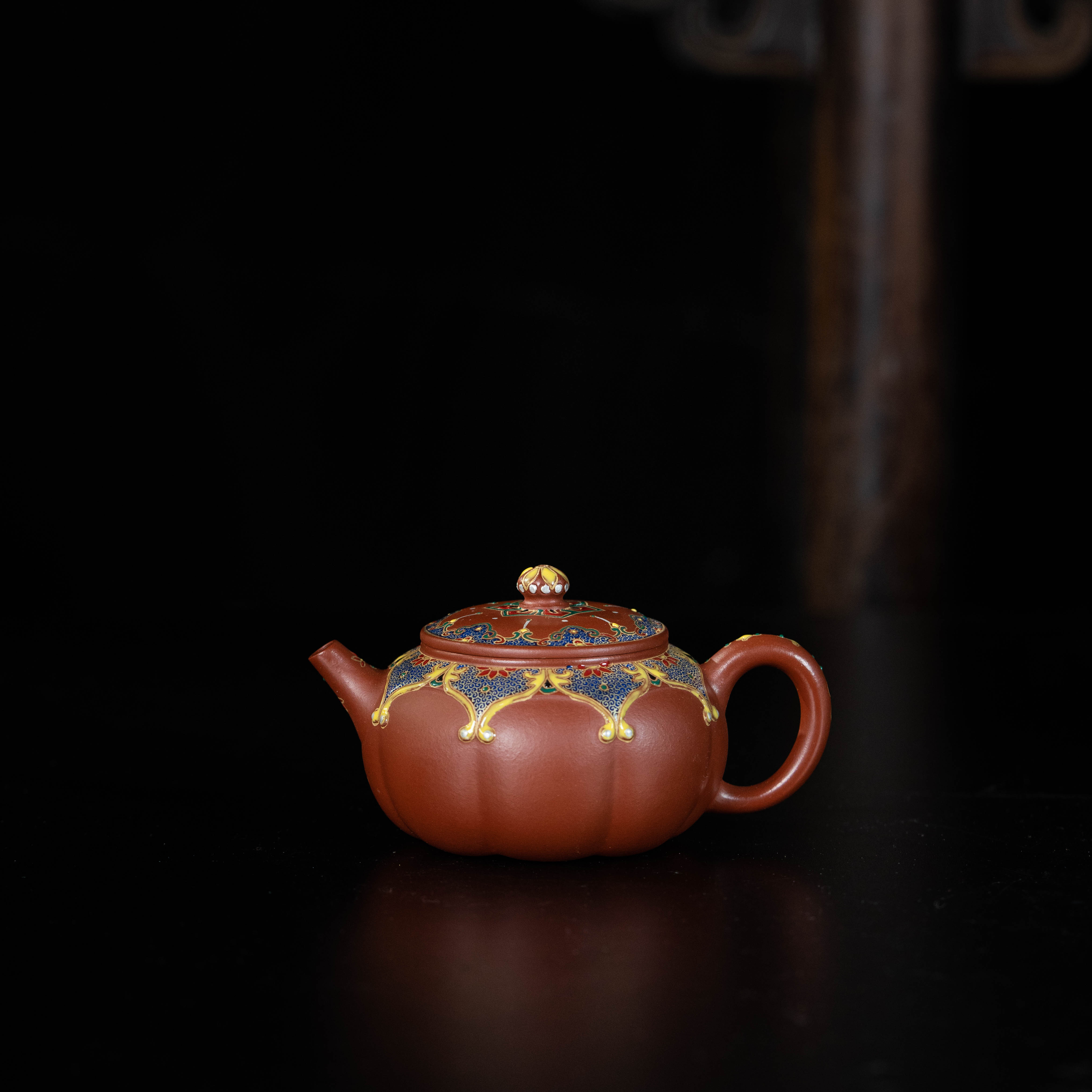 【合仲】 珐琅丰收瓜趣 石榴葵花如意纹200cc家用紫砂茶壶