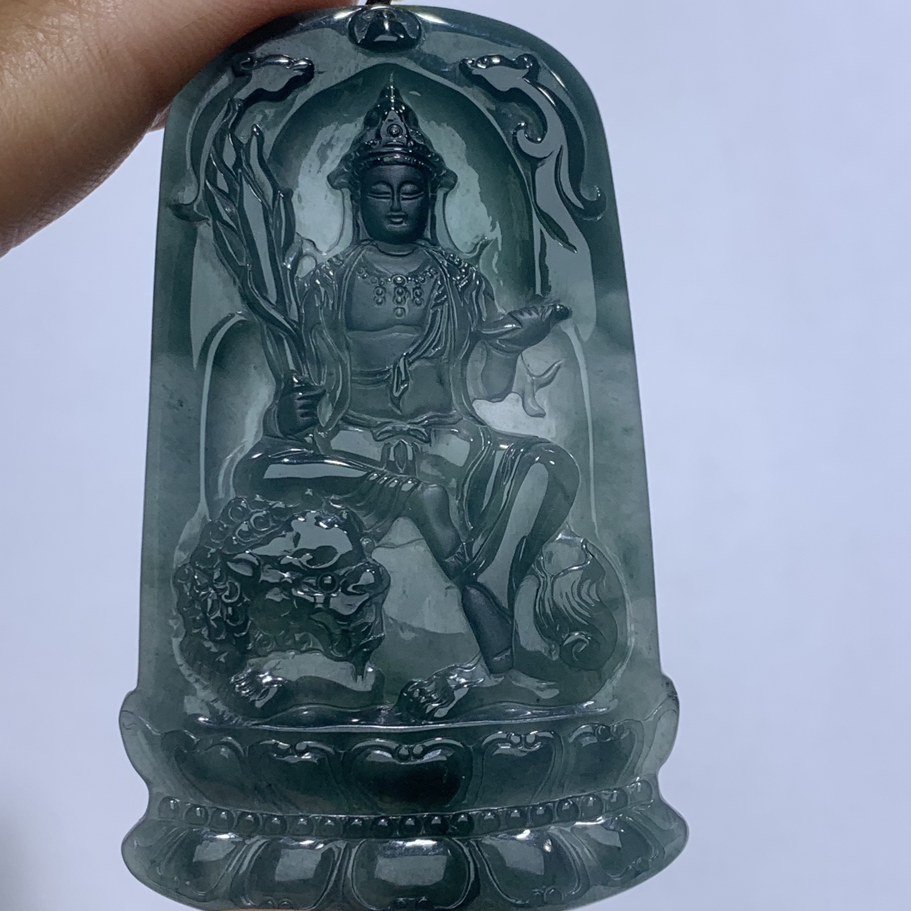 天然翡翠Ａ货危料老蓝水文殊守护吊坠