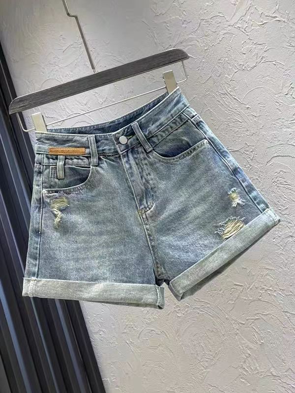 W302#磨破卷边A字牛仔短裤女夏新款高腰宽松显瘦阔腿热裤（约36）