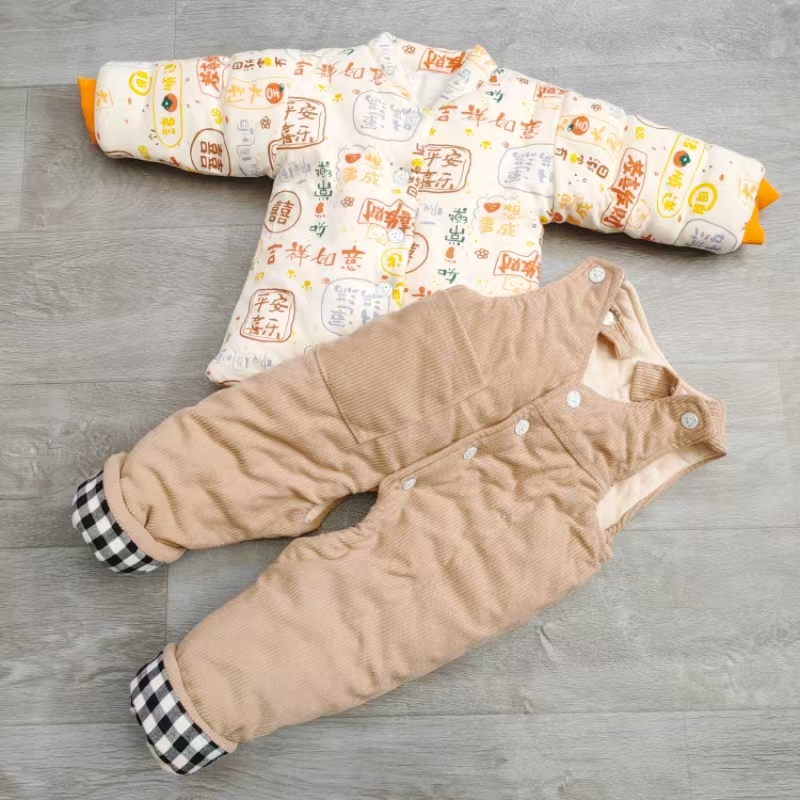 冬季秋婴儿手工不包脚棉衣裤 背带裤宝宝春秋套装 敞口裤棉花套裝