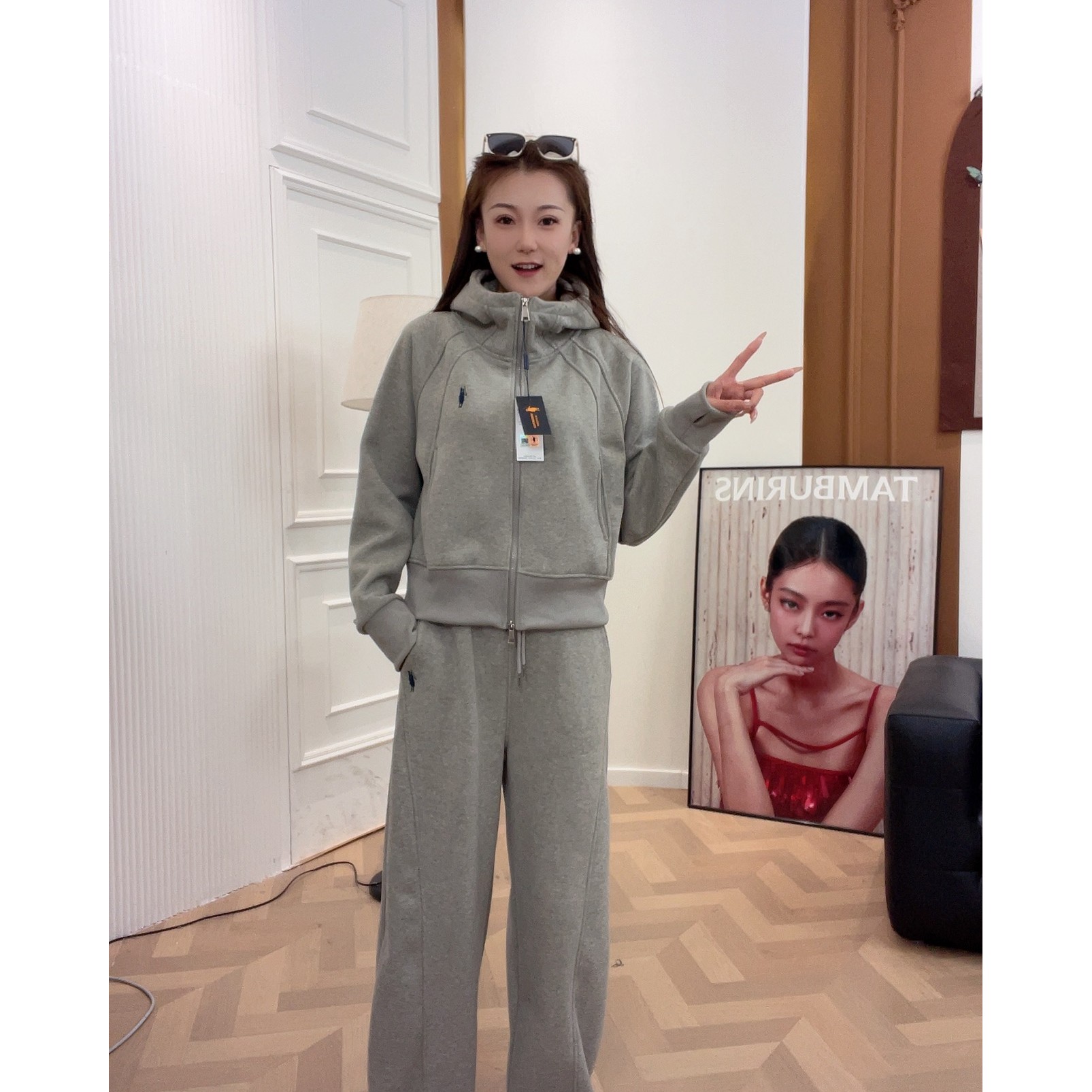 冬季加绒新款时尚套装连帽宽松长裤阔腿-5068-b