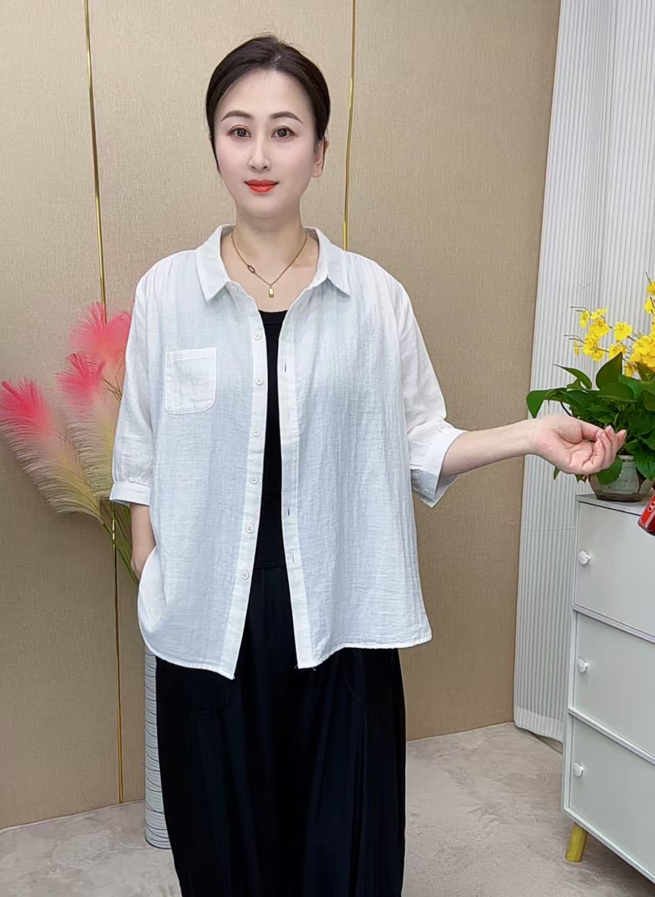 夏季棉纱衬衫纯色女口袋时尚休闲宽松防晒衣百搭女装显瘦上衣开衫