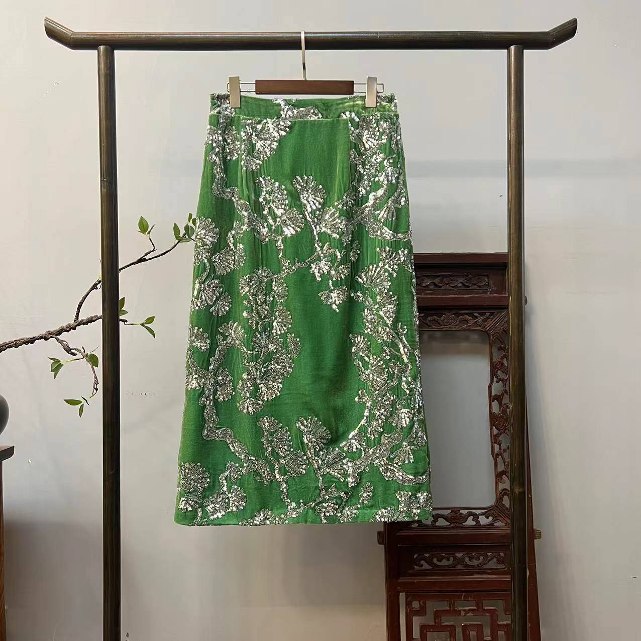 【醉墨】真丝丝绒开叉显瘦半裙Q80046