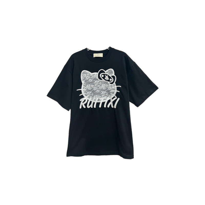 南油小众设计师新品黑白图案猫咪短袖大T恤