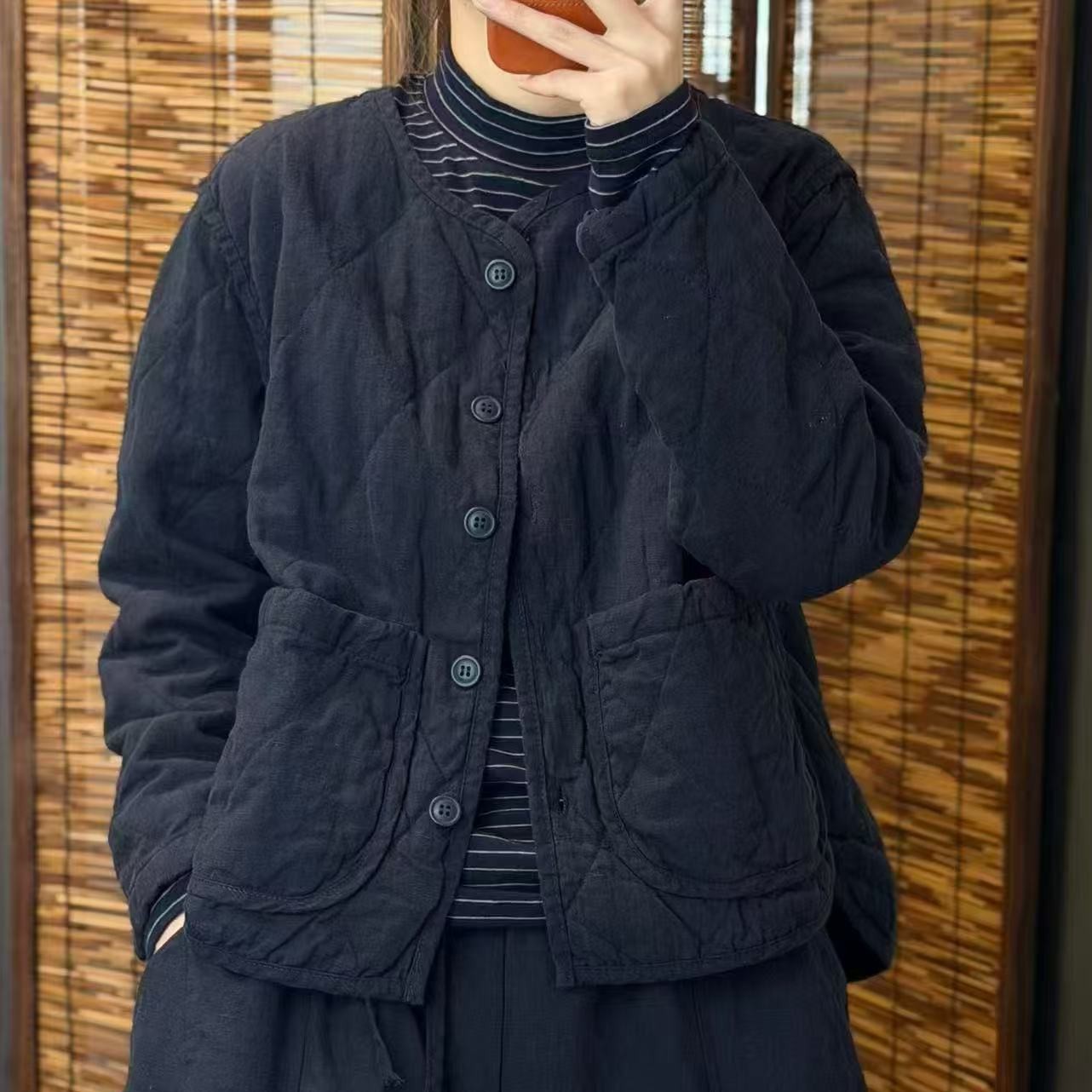 秋冬复古宽松U领轻薄保暖菱格棉服外套双层时尚薄棉小香风