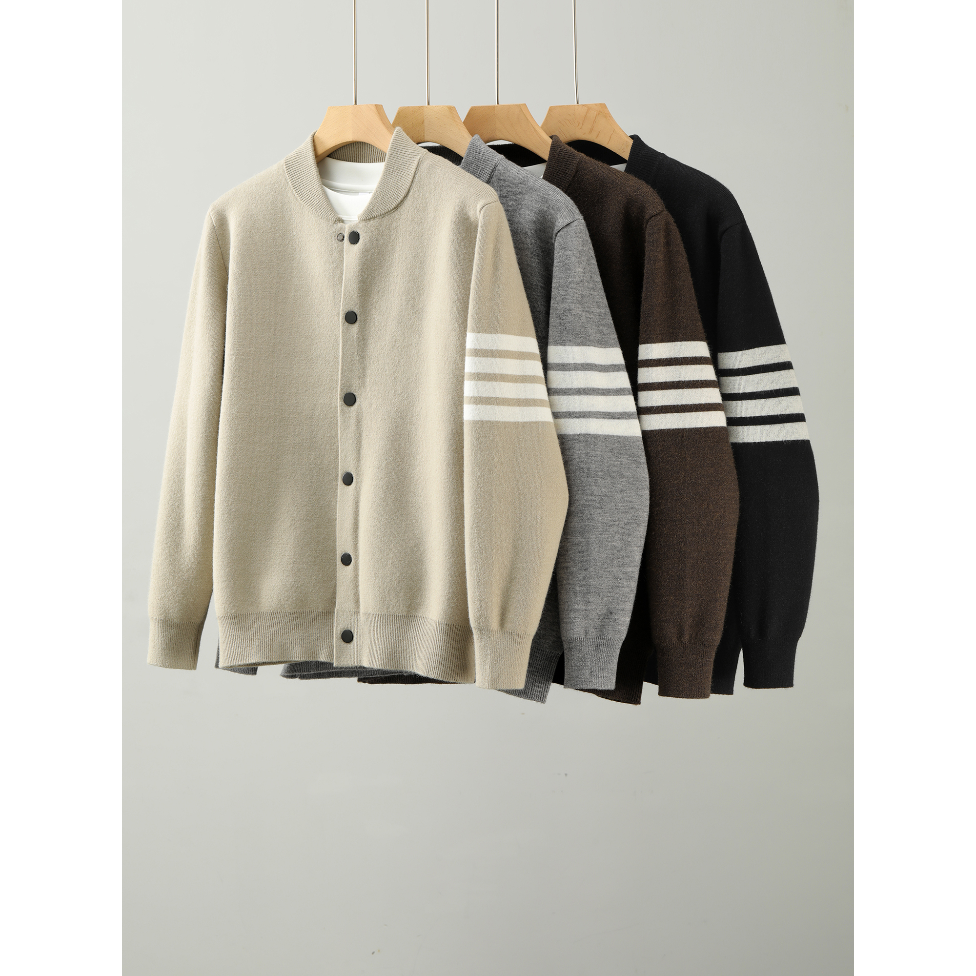 【GEYAO】  秋冬高定美式棒球领外套男立领抗起球四道杠针织开衫