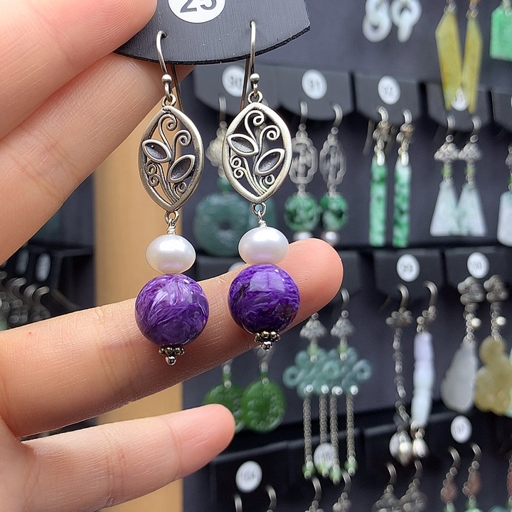 查罗石耳钉银S925镶嵌秋**香