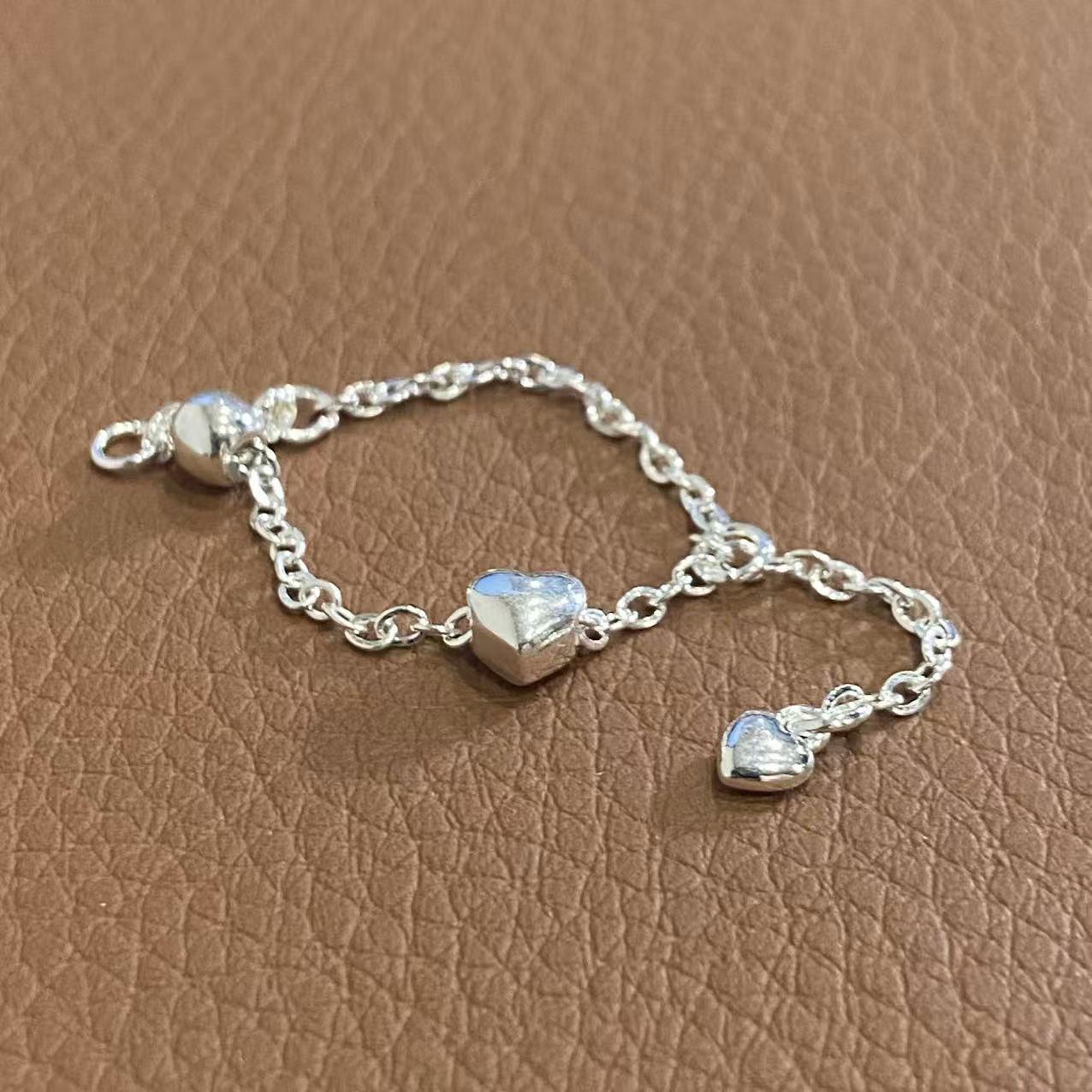 足银银制品 心心链条抽拉戒指 气质 时尚小众简约甜美精致 156